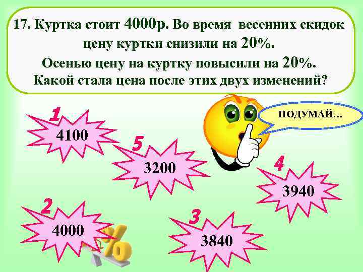 17. Куртка стоит 4000 р. Во время весенних скидок цену куртки снизили на 20%.