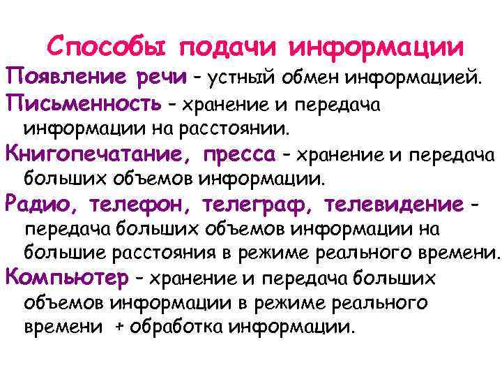  Способы подачи информации Появление речи – устный обмен информацией. Письменность – хранение и