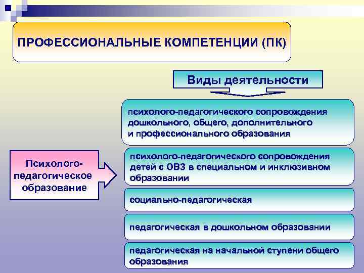 ПРОФЕССИОНАЛЬНЫЕ КОМПЕТЕНЦИИ (ПК)      Виды деятельности    психолого-педагогического