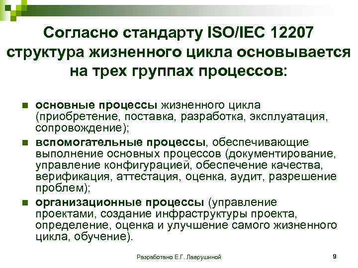  Согласно стандарту ISO/IEC 12207 структура жизненного цикла основывается на трех группах процессов: n