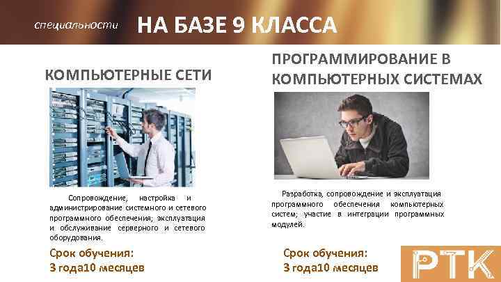 специальности НА БАЗЕ 9 КЛАССА ПРОГРАММИРОВАНИЕ В КОМПЬЮТЕРНЫЕ СЕТИ КОМПЬЮТЕРНЫХ СИСТЕМАХ Сопровождение, настройка и