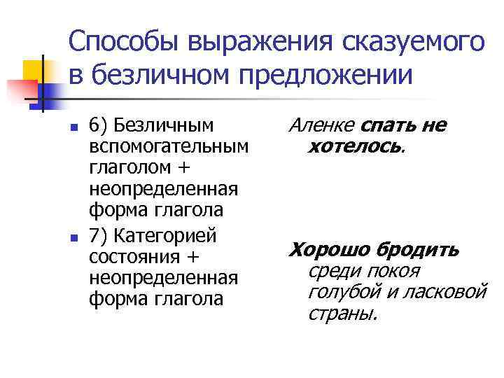Способы выражения сказуемого в безличном предложении n 6) Безличным Аленке спать не вспомогательным хотелось.