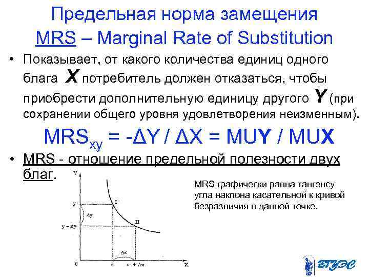   Предельная норма замещения MRS – Marginal Rate of Substitution  • Показывает,