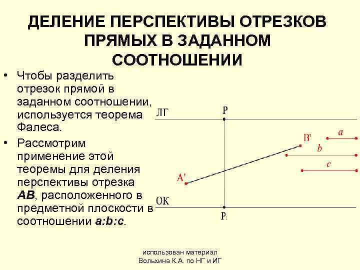   ДЕЛЕНИЕ ПЕРСПЕКТИВЫ ОТРЕЗКОВ  ПРЯМЫХ В ЗАДАННОМ   СООТНОШЕНИИ • Чтобы