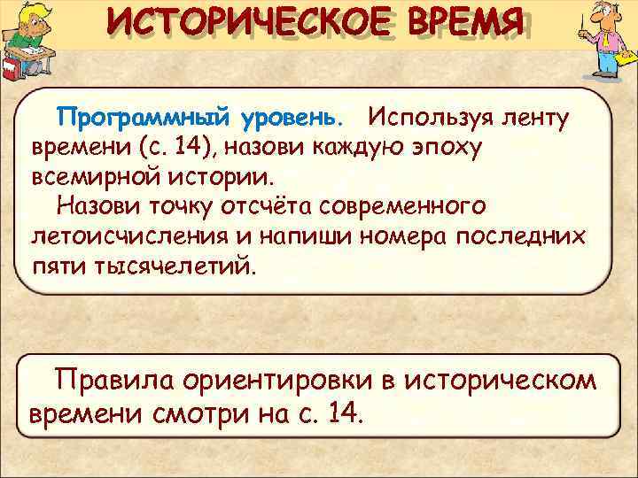  ИСТОРИЧЕСКОЕ ВРЕМЯ Программный уровень. Используя ленту времени (с. 14), назови каждую эпоху всемирной