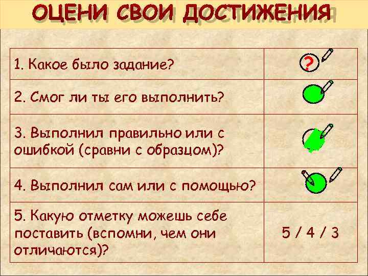  ОЦЕНИ СВОИ ДОСТИЖЕНИЯ 1. Какое было задание? ? 2. Смог ли ты его