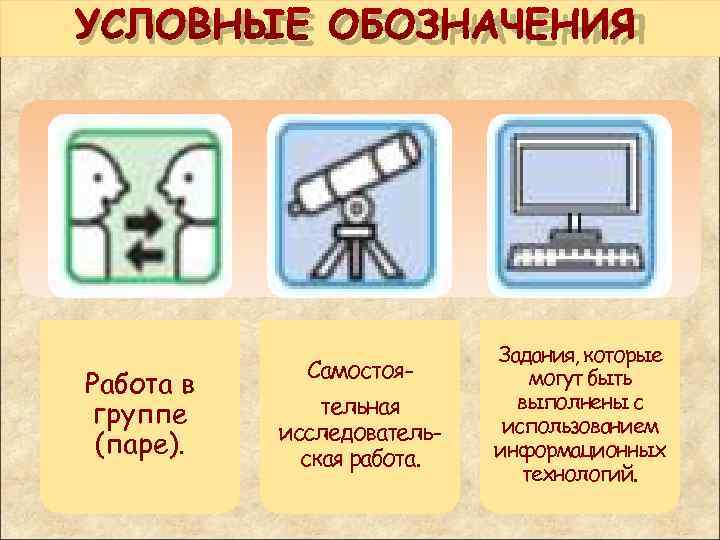 УСЛОВНЫЕ ОБОЗНАЧЕНИЯ Задания, которые Самостоя- могут быть Работа в тельная выполнены с группе использованием