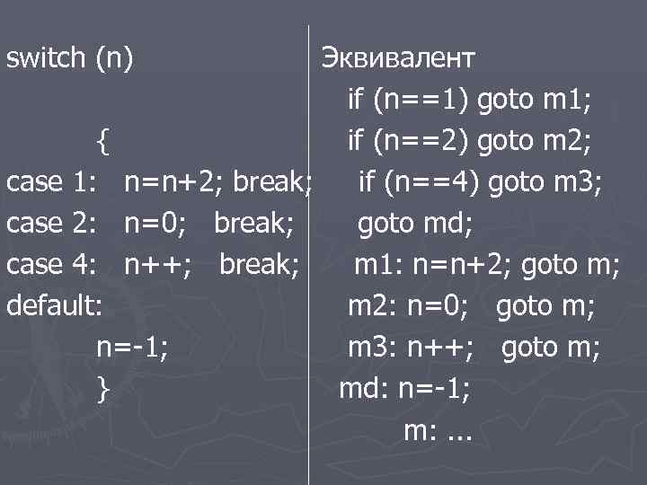 switch (n) Эквивалент if (n==1) goto m 1; { if (n==2) goto m 2;