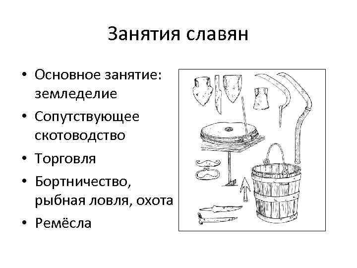  Занятия славян • Основное занятие: земледелие • Сопутствующее скотоводство • Торговля • Бортничество,