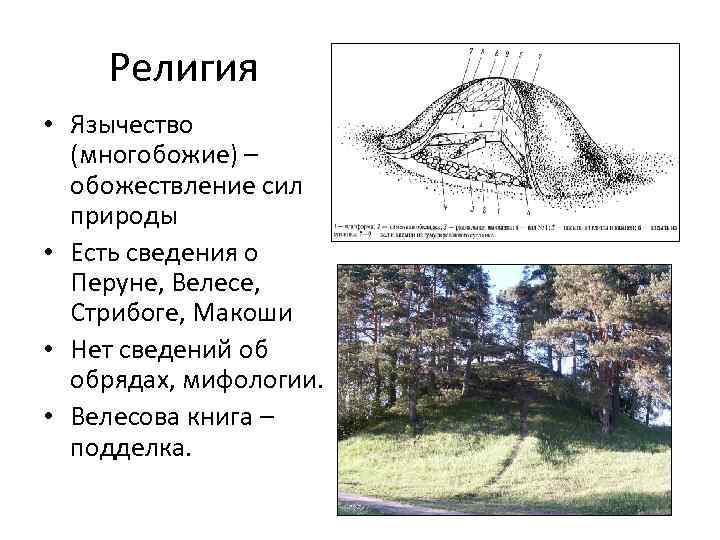  Религия • Язычество (многобожие) – обожествление сил природы • Есть сведения о Перуне,