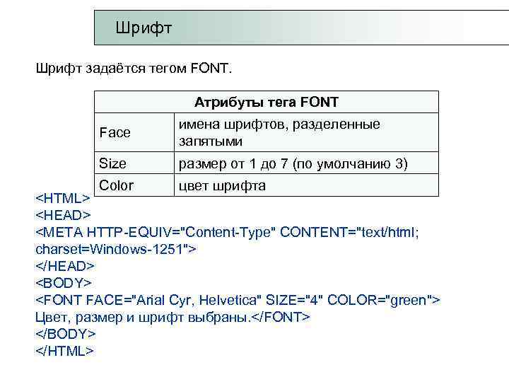  Шрифт задаётся тегом FONT. Атрибуты тега FONT имена шрифтов, разделенные Face запятыми Size