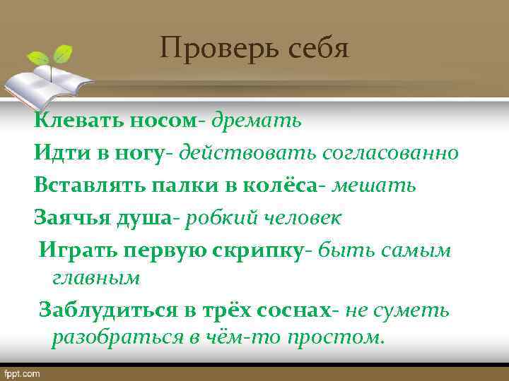  Проверь себя Клевать носом- дремать Идти в ногу- действовать согласованно Вставлять палки в