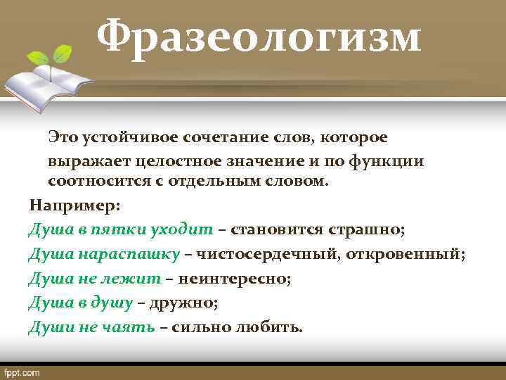  Фразеологизм Это устойчивое сочетание слов, которое выражает целостное значение и по функции соотносится