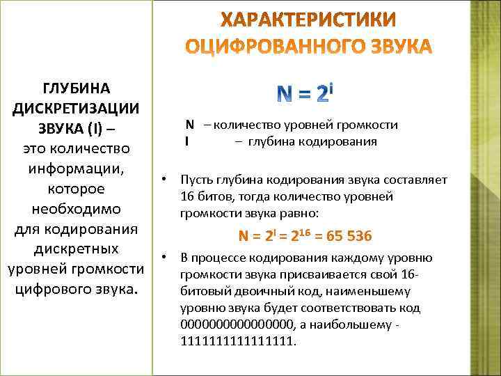  ГЛУБИНА ДИСКРЕТИЗАЦИИ ЗВУКА (I) – N – количество уровней громкости I – глубина