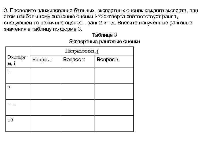 3. Проведите ранжирование бальных экспертных оценок каждого эксперта, при этом наибольшему значению оценки i-го