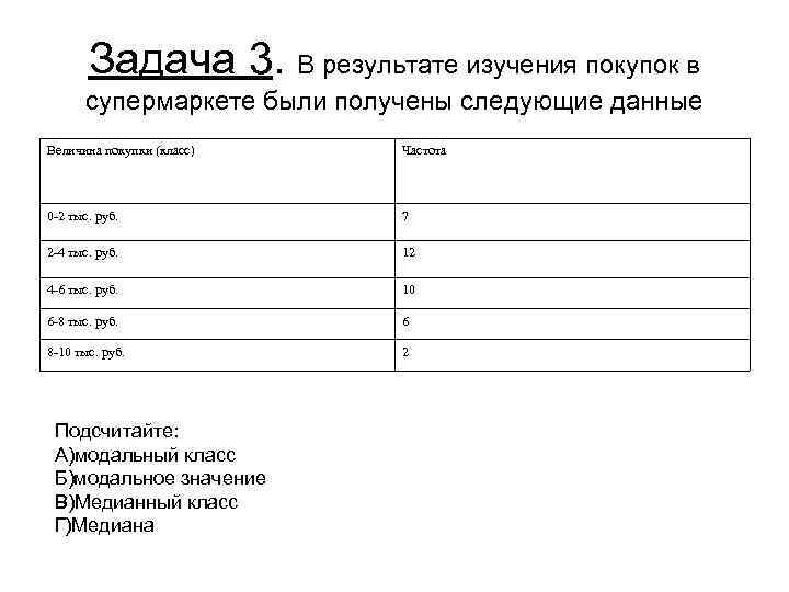  Задача 3. В результате изучения покупок в супермаркете были получены следующие данные Величина