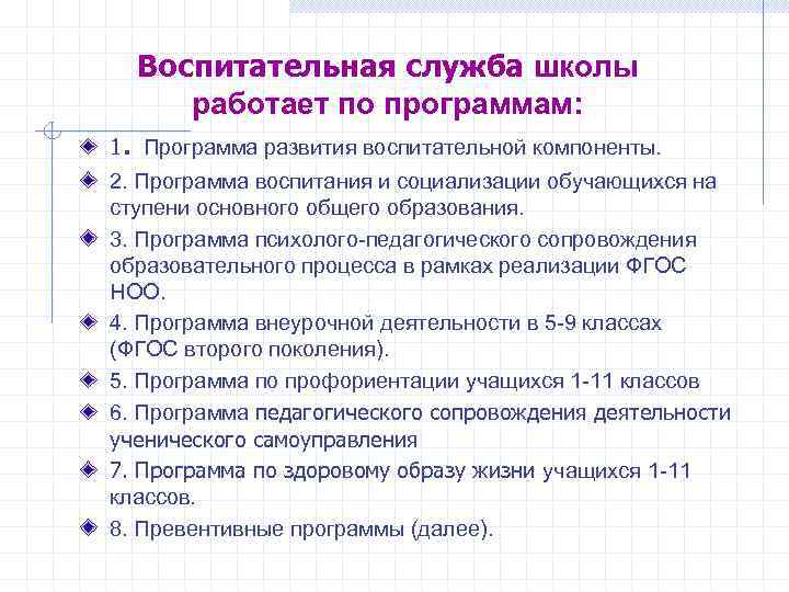  Воспитательная служба школы работает по программам: . 1 Программа развития воспитательной компоненты. 2.