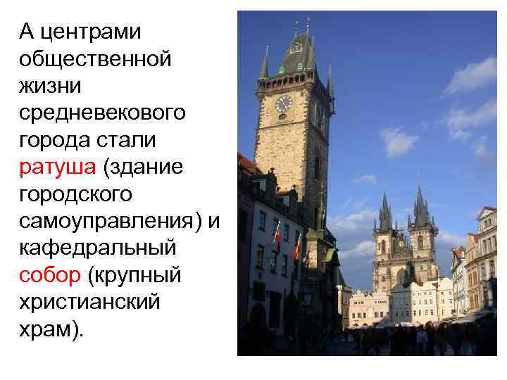 А центрами общественной жизни средневекового города стали ратуша (здание городского самоуправления) и кафедральный собор