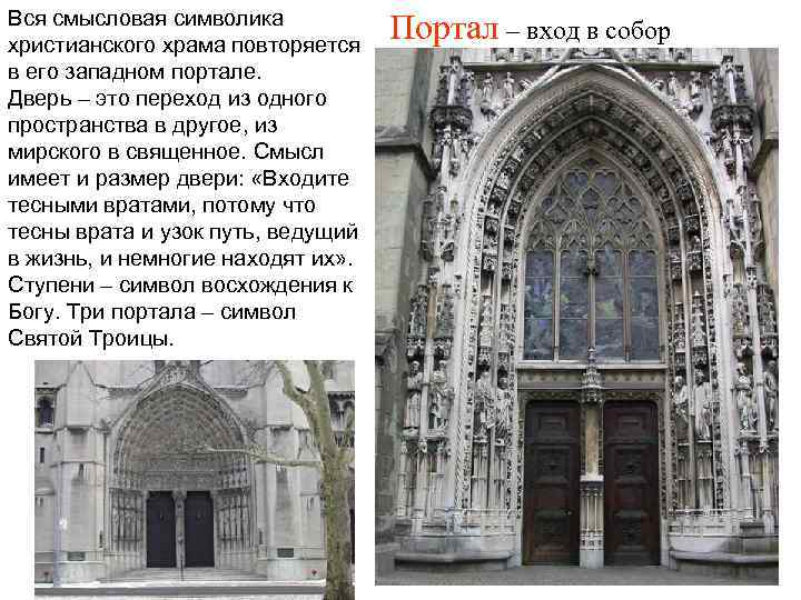 Вся смысловая символика христианского храма повторяется Портал – вход в собор в его западном
