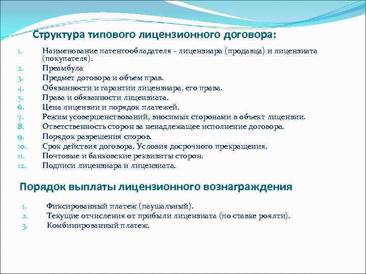  Структура типового лицензионного договора: 1. Наименование патентообладателя - лицензиара (продавца) и лицензиата (покупателя).