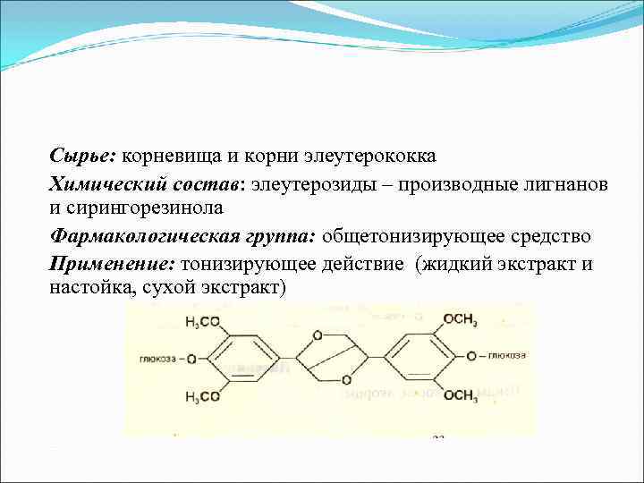 Сырье: Плоды лимонника Семена лимонника Химический состав: лигнаны (схизандрин) Фармакологическая группа: тонизирующиее средство Применение: Сырье: Плоды лимонника Семена лимонника Химический состав: лигнаны (схизандрин) Фармакологическая группа: тонизирующиее средство Применение: