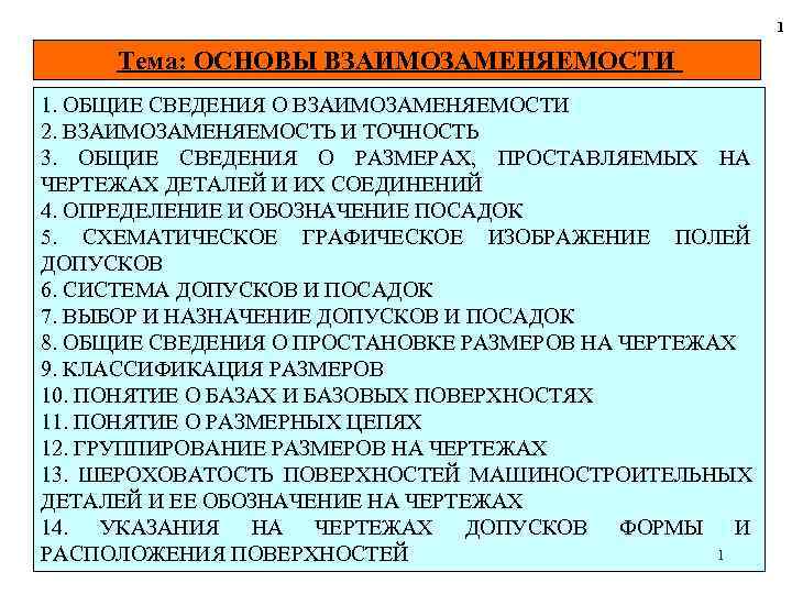  1 Тема: ОСНОВЫ ВЗАИМОЗАМЕНЯЕМОСТИ 1. ОБЩИЕ СВЕДЕНИЯ О ВЗАИМОЗАМЕНЯЕМОСТИ 2. ВЗАИМОЗАМЕНЯЕМОСТЬ И ТОЧНОСТЬ