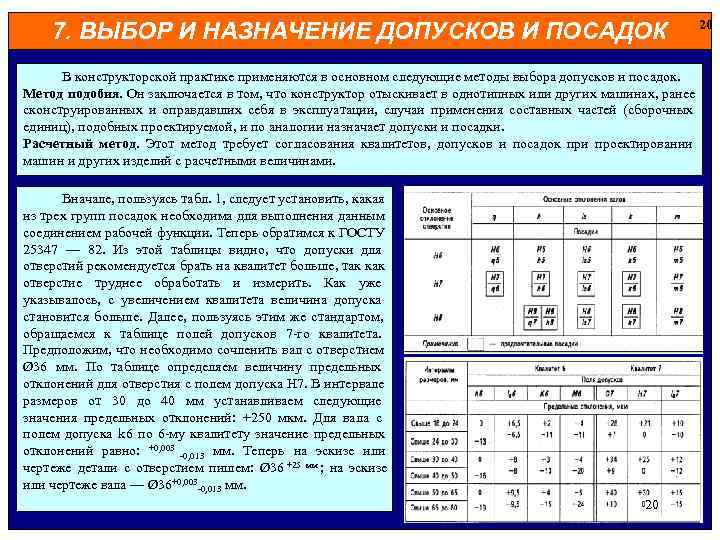  20 7. ВЫБОР И НАЗНАЧЕНИЕ ДОПУСКОВ И ПОСАДОК В конструкторской практике применяются в