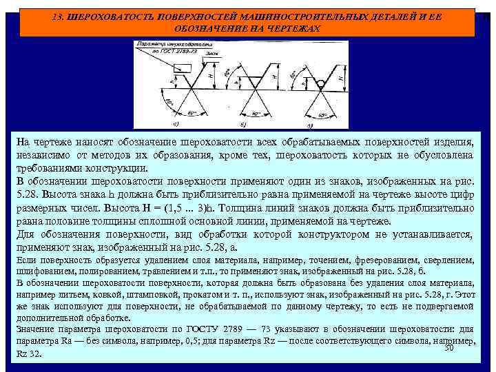  13. ШЕРОХОВАТОСТЬ ПОВЕРХНОСТЕЙ МАШИНОСТРОИТЕЛЬНЫХ ДЕТАЛЕЙ И ЕЕ 30 ОБОЗНАЧЕНИЕ НА ЧЕРТЕЖАХ На чертеже