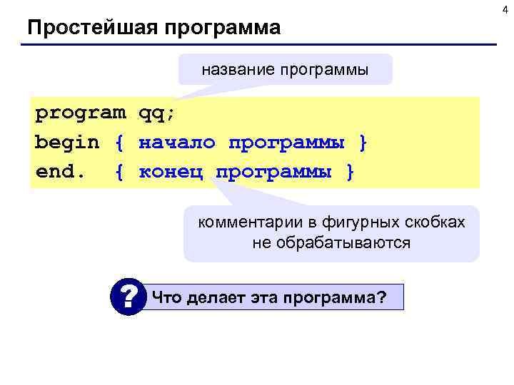  4 Простейшая программа название программы program qq; begin { начало программы } end.