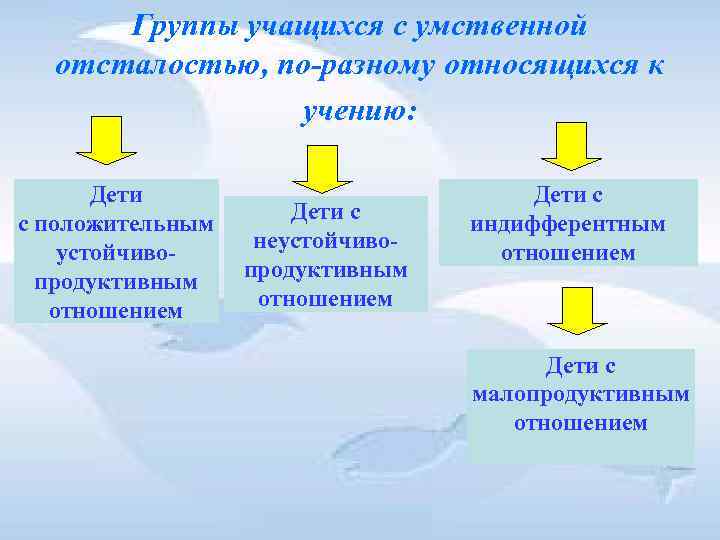 Группы учащихся с умственной отсталостью, по-разному относящихся к учению: Группы учащихся с умственной отсталостью, по-разному относящихся к учению: