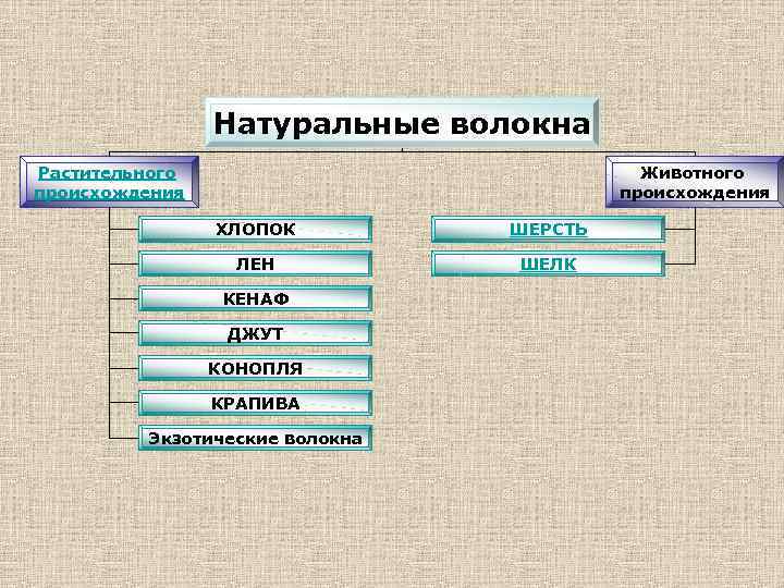  Натуральные волокна Растительного Животного происхождения происхождения ХЛОПОК ШЕРСТЬ ЛЕН ШЕЛК КЕНАФ ДЖУТ КОНОПЛЯ