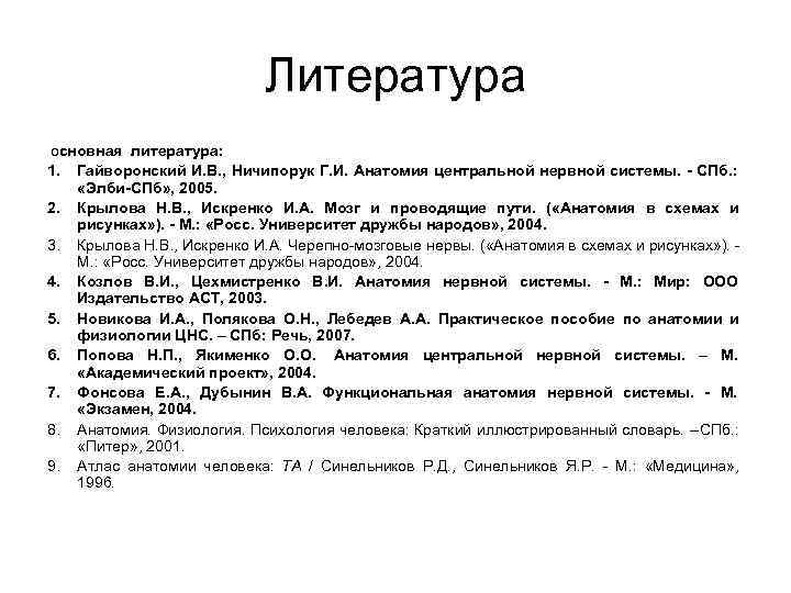  Литература Основная литература: 1. Гайворонский И. В. , Ничипорук Г. И. Анатомия центральной