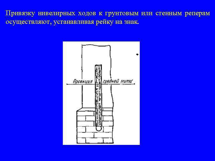 Привязку нивелирных ходов к грунтовым или стенным реперам осуществляют, устанавливая рейку на знак. 