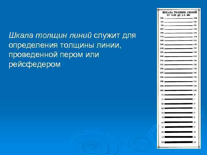 Шкала толщин линий служит для определения толщины линии, проведенной пером или рейсфедером 