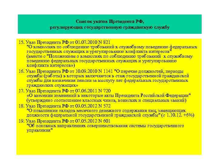  Список указов Президента РФ, регулирующих государственную гражданскую службу 15. Указ Президента РФ от