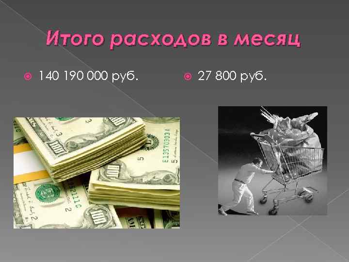  Итого расходов в месяц 140 190 000 руб.  27 800 руб. 