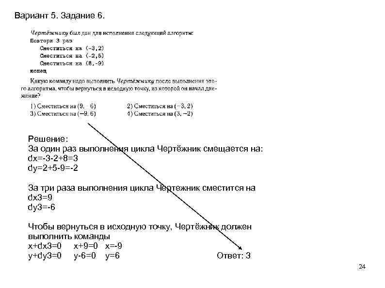 Вариант 5. Задание 6. Решение: За один раз выполнения цикла Чертёжник смещается Вариант 5. Задание 6. Решение: За один раз выполнения цикла Чертёжник смещается