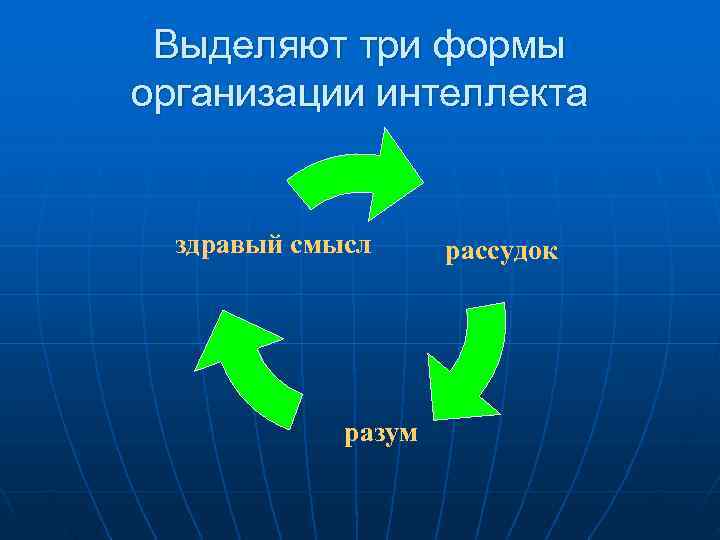  Выделяют три формы организации интеллекта здравый смысл рассудок разум 