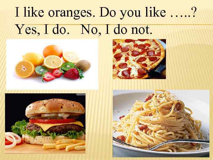 I like oranges. Do you like …. . ? Yes, I do. No, I