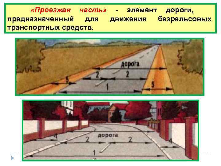    «Проезжая часть»  - элемент дороги,  предназначенный для движения безрельсовых