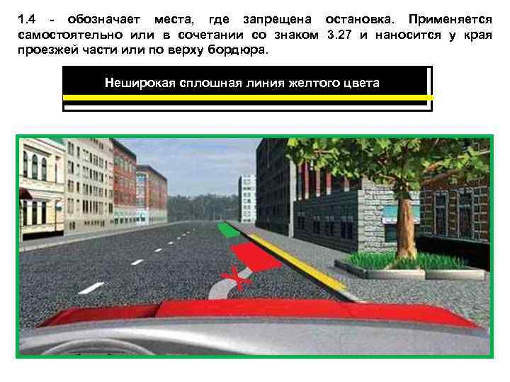 1. 4 - обозначает места, где запрещена остановка. Применяется самостоятельно или в сочетании со