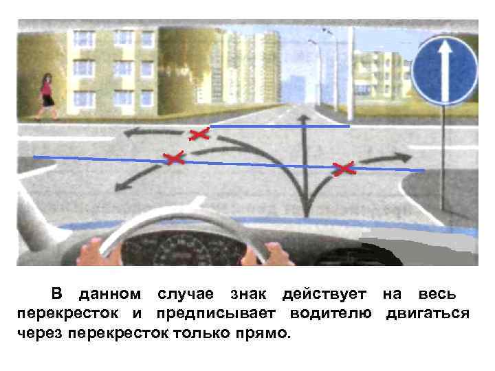   В данном случае знак действует на весь перекресток и предписывает водителю двигаться