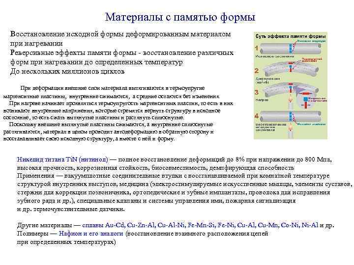  Материалы с памятью формы Восстановление исходной формы деформированным материалом при нагревании Реверсивные эффекты