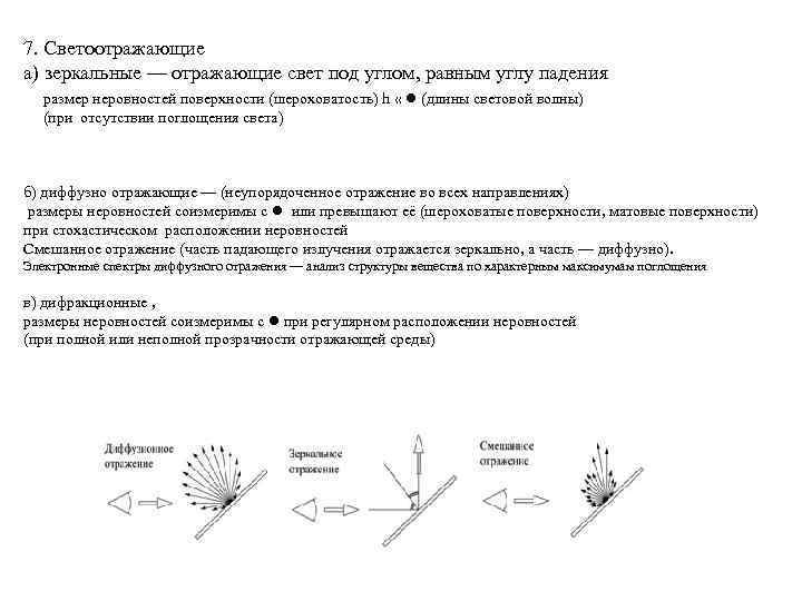 7. Светоотражающие а) зеркальные — отражающие свет под углом, равным углу падения размер неровностей