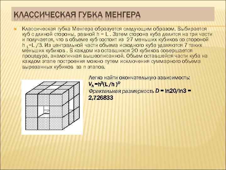  Классическая губка Менгера образуется следующим образом. Выбирается куб с длиной стороны, равной h