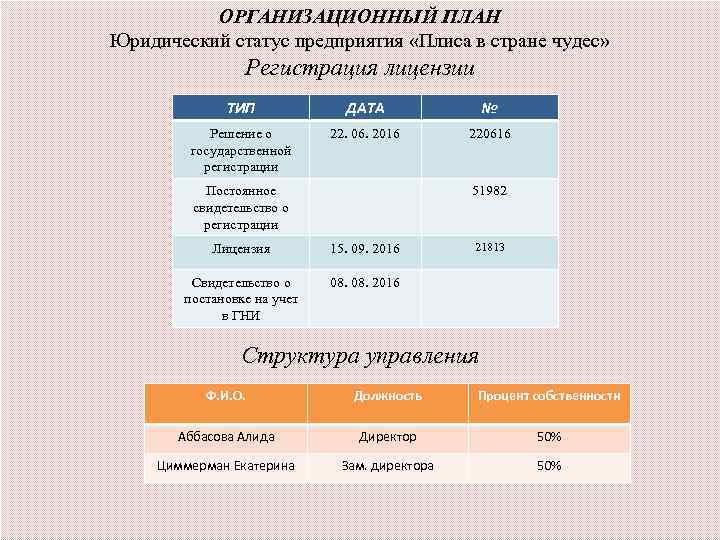    ОРГАНИЗАЦИОННЫЙ ПЛАН Юридический статус предприятия «Плиса в стране чудес»  