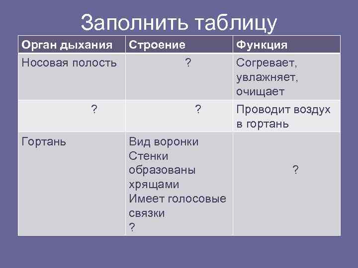    Заполнить таблицу Орган дыхания Строение   Функция Носовая полость 