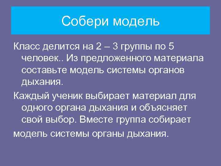    Собери модель Класс делится на 2 – 3 группы по 5