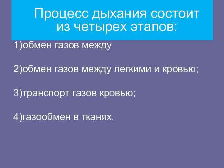   Процесс дыхания состоит  из четырех этапов: 1) обмен газов между 2)обмен