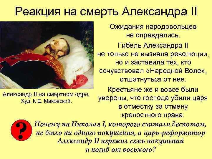  Реакция на смерть Александра II Ожидания народовольцев не оправдались. Гибель Александра II не